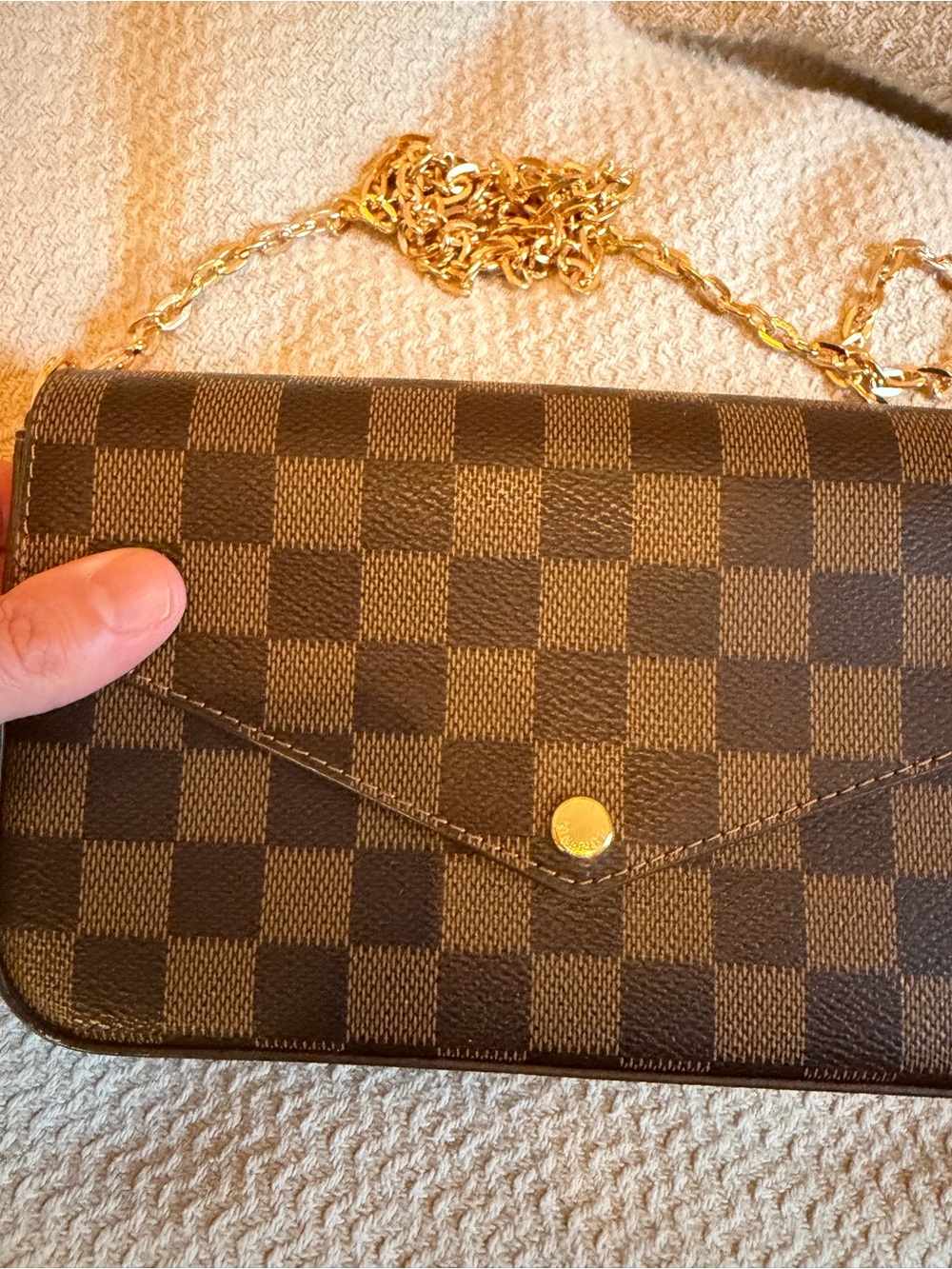 Designer-Style Brown Check Clutch with Gold Chain